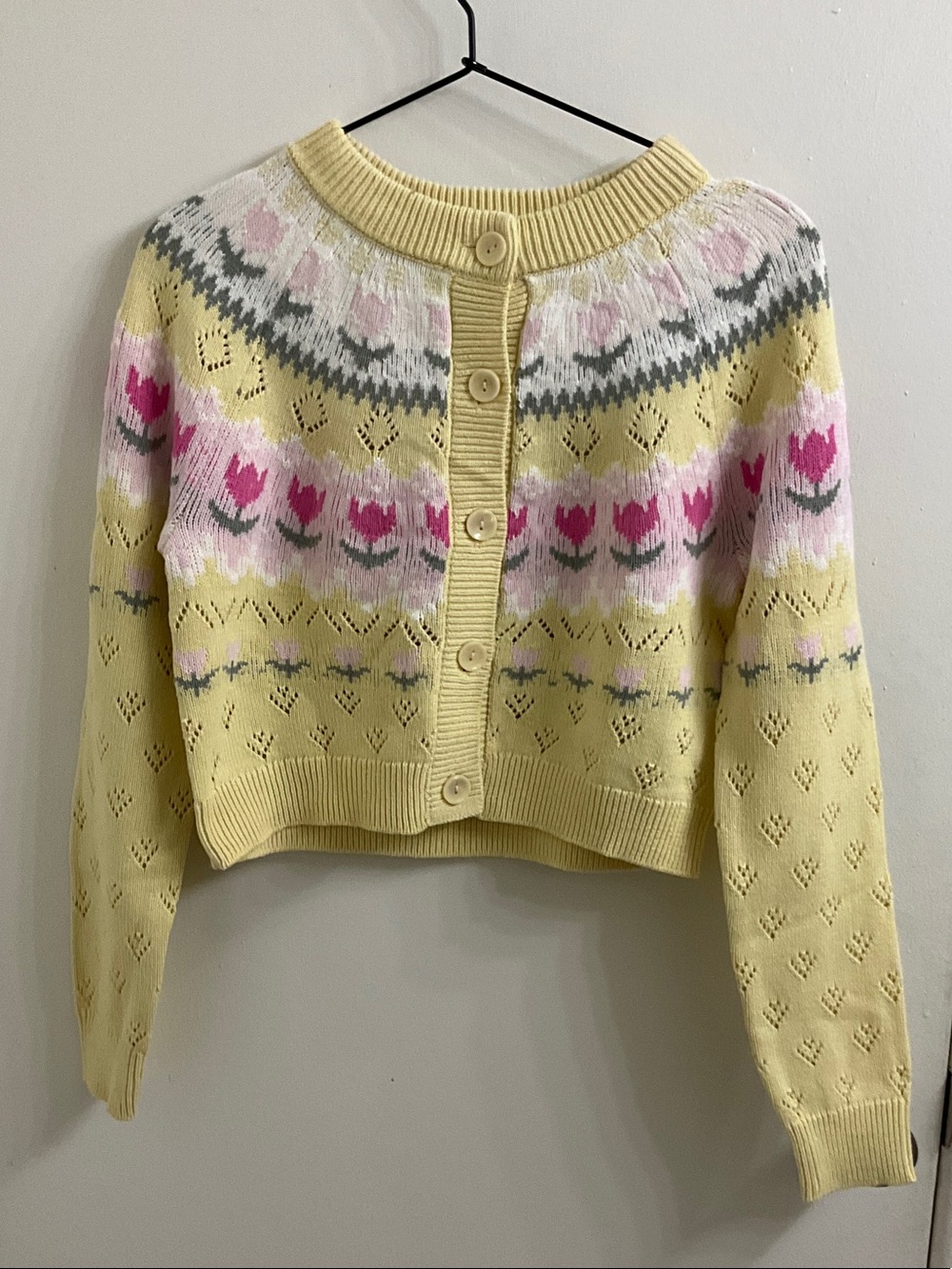 Cropped Yellow Floral Fair Isle Cardigan
